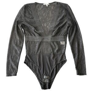 Charlotte Russe‎ Lace Bodysuit Womens S Black Sheer Plunge Goth Clubwear Sexy